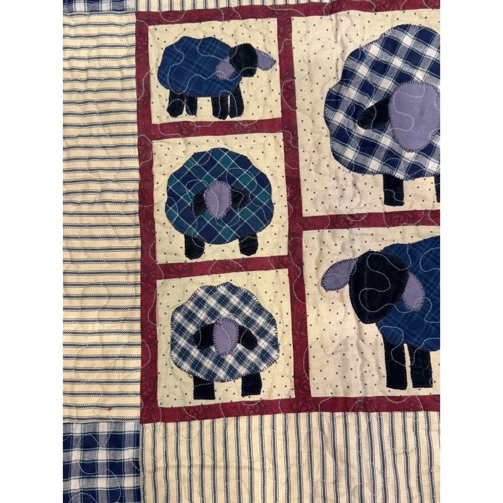 Handmade Primitive Country Sheep Quilted Wall Hanging Blue Plaid Farmhouse Decor